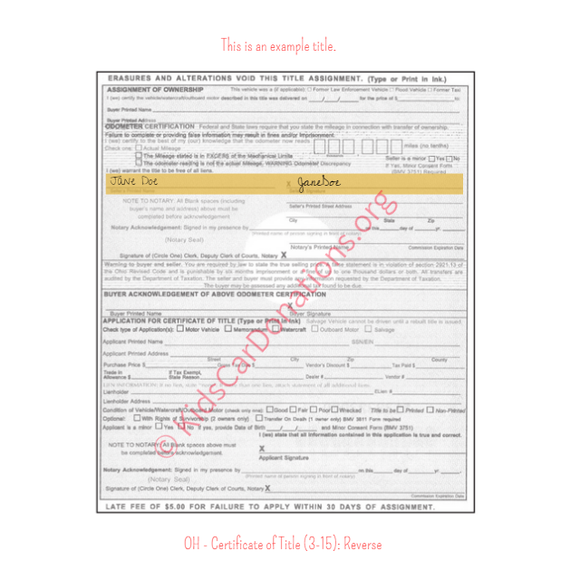 This is an Example of Ohio Certificate of Title (3-15) Reverse View | Kids Car Donations